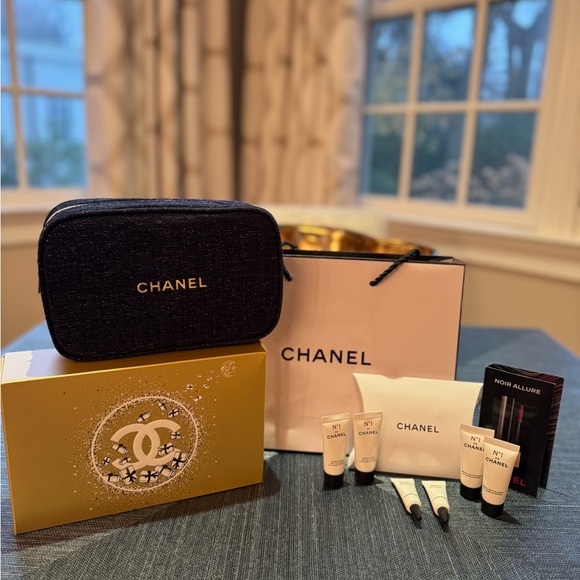 Chanel Blue & Gold Denim Makeup Bag with Chanel Shopping Bag and Chanel Samples - Picture 1 of 3